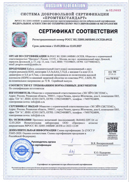 Сертификат соответствия на патч-корд RJ45